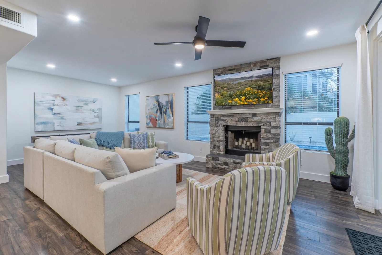 Vacation rental living room with fireplace
