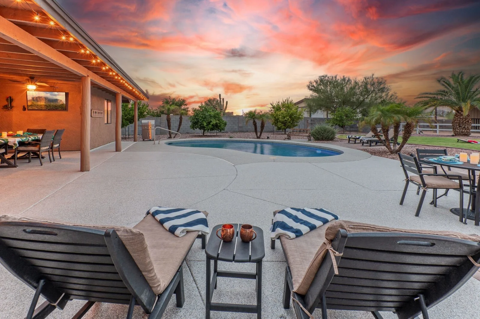 Arizona vacation rental pool patio at sunset