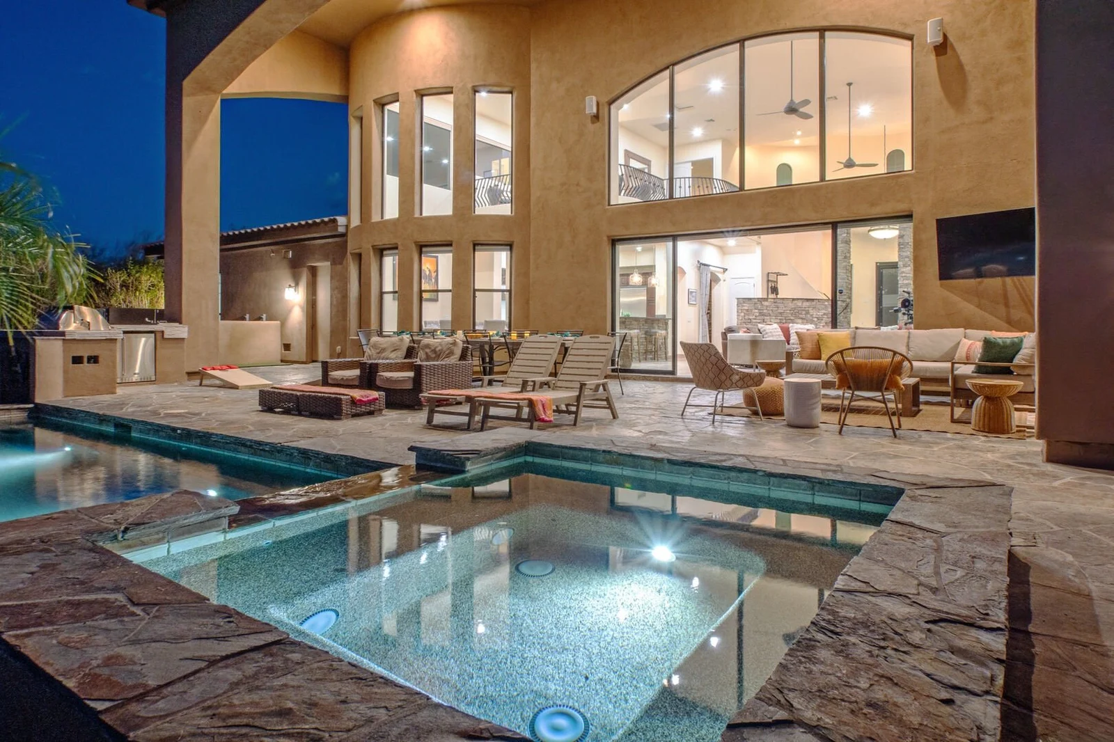 Pool and patio at night